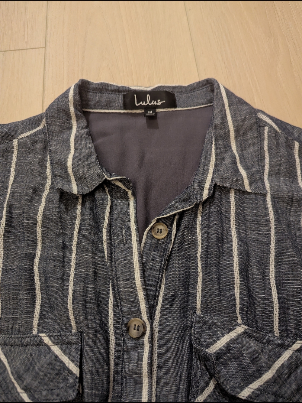 Lulus Slauson Dark Blue Grey Striped Long Sleeve Shirt Dress Button-Front - Picture 4 of 4
